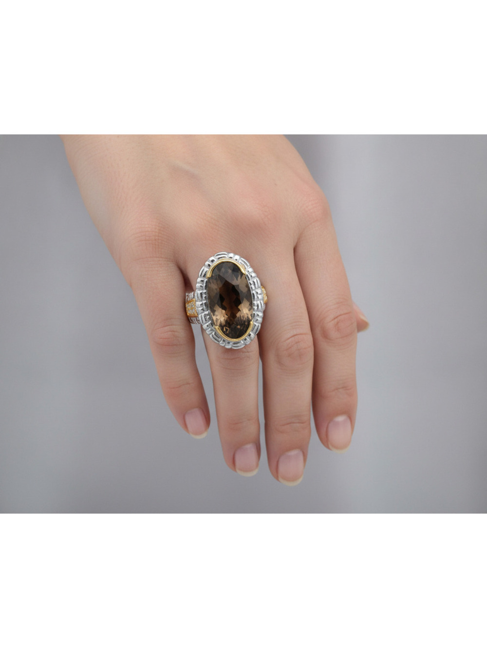 Philip Andre 18k Gold & Sterling Silver Diamond & Smokey Designer Ring size 7